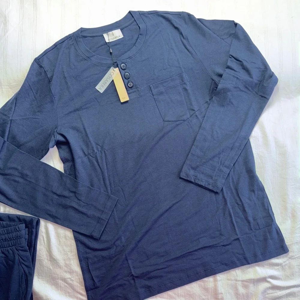 Cosabella Bella Henley Mens PJ Set Navy Blue Long Sleeve Pajamas S
